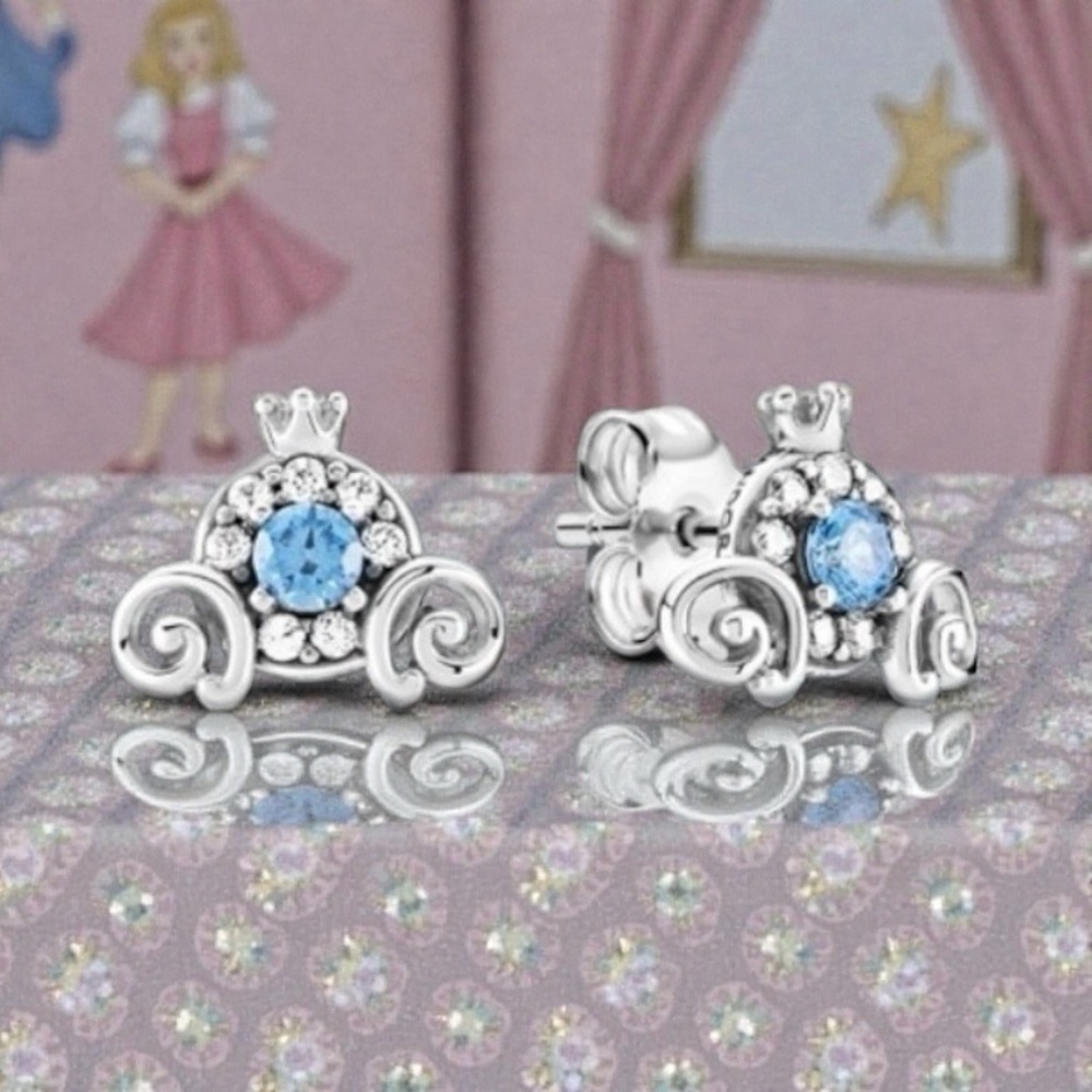 Silver Carriage Earrings with Blue Gem